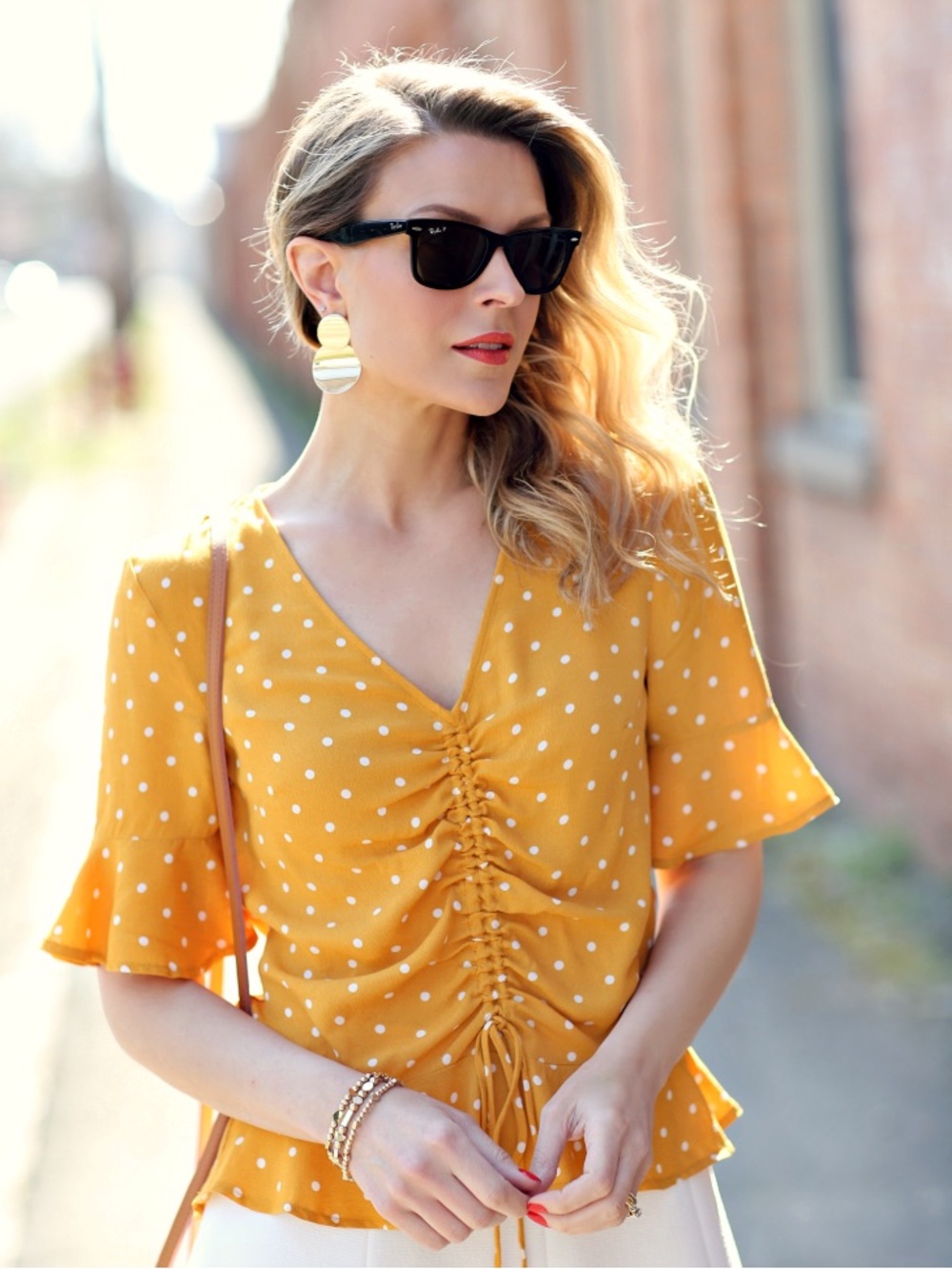 H&M Mustard Yellow Polka Dot Ruched V‑Neck Blouse